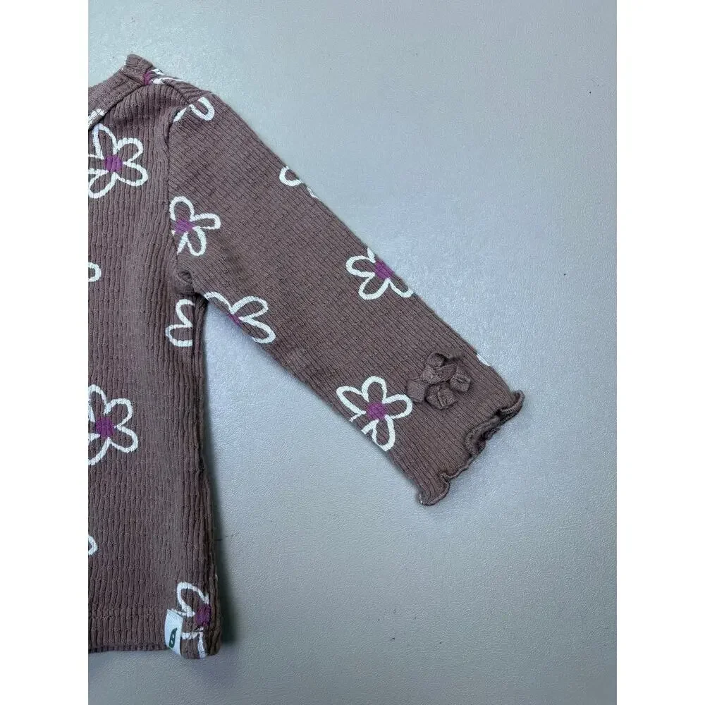 Easy Peasy Organic Cotton Ribbed Floral Long Sleeve Top Brown 3M Baby EUC